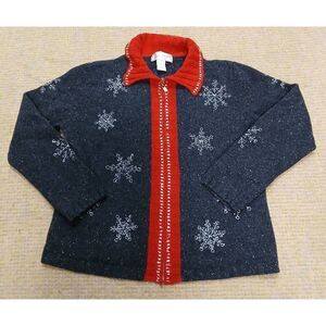 Vintage Casual corner womens large snow flakes full zip sweater wool red gray